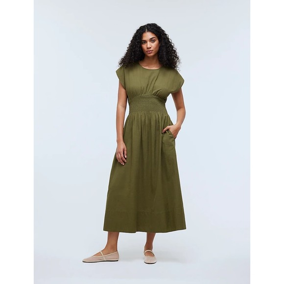 Madewell Kaya Smocked-Waist Midi Dress in Stripe Seersucker Olive Linen Blend XL - Picture 2 of 6